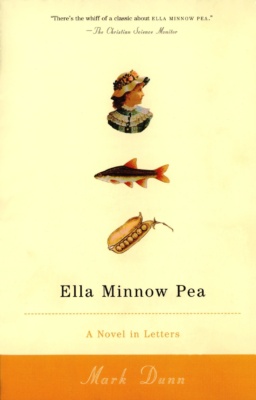 Ella Minnow Pea -kirjan kannessa on naisen kuva, mutu eli minnow ja herneenpalko.