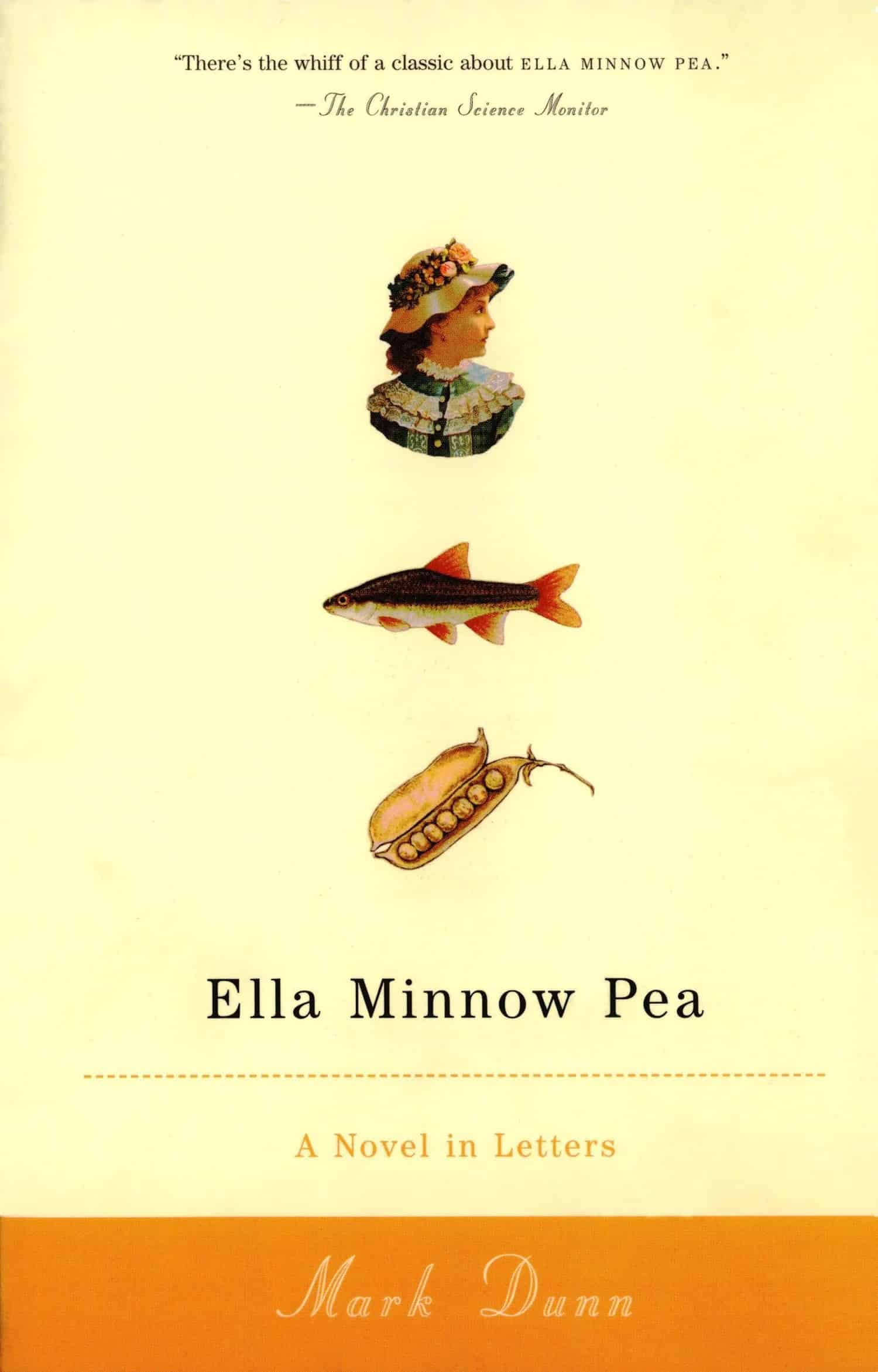 Ella Minnow Pea -kirjan kannessa on naisen kuva, mutu eli minnow ja herneenpalko.