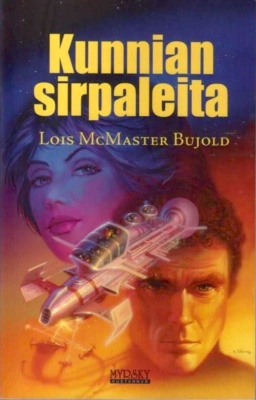 Kunnian sirpaleita -kirjan kannessa on avaruusalus, taustallaan miehen ja naisen kasvot.