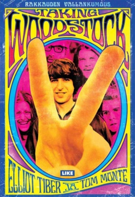 Taking Woodstock : Rakkauden vallankumous -kirjan kannessa on kuva ihmisjoukosta. Muut ovat magentanvärisiä, mutta etualalla on yksi keltainen hahmo, joka näyttää sormillaan rauhanmerkkiä edessään.