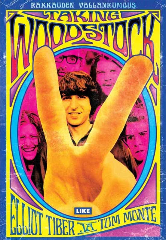 Taking Woodstock : Rakkauden vallankumous -kirjan kannessa on kuva ihmisjoukosta. Muut ovat magentanvärisiä, mutta etualalla on yksi keltainen hahmo, joka näyttää sormillaan rauhanmerkkiä edessään.