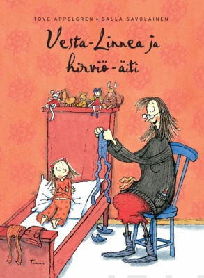 Vesta-Linnea ja hirviöäiti -kirjan kannessa Vesta-Linnea makaa sängyllä ja äiti istuu vieressä tuolilla kädessään sukkahousut.