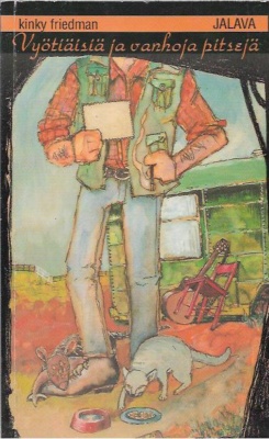 Vyötiäisiä ja vanhoja pitsejä -kirjan kannessa on piirros liiviin ja farkkuihin pukeutuneesta miehestä, jonka jalkojen juuressa on kissa ja vyötiäinen ja taustalla matkailuvaunu.