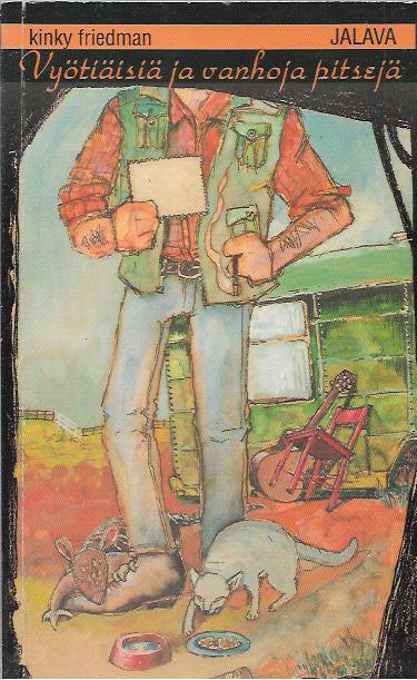 Vyötiäisiä ja vanhoja pitsejä -kirjan kannessa on piirros liiviin ja farkkuihin pukeutuneesta miehestä, jonka jalkojen juuressa on kissa ja vyötiäinen ja taustalla matkailuvaunu.