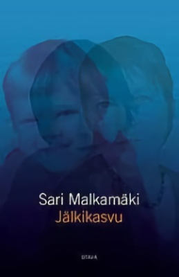 Jälkikasvu-kirjan sinisessä kannessa on kolme läpinäkyvää ihmisen valokuvaa päällekkäin. Kuvissa on lapsia ja aikuinen.