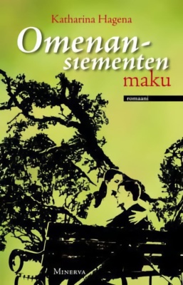Omenansiementen maun kannessa on kuva miehestä ja naisesta istumassa sylikkäin penkillä taustallaan puita. Kuva on pelkistetty kaksiväriseksi.