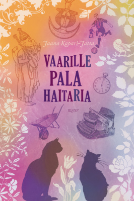 Vaarille pala haitaria -kirjan oranssinpinkissä kannessa on reunoilla kasvikuviointia, alhaalla keskellä kaksi kissan siluettia ja keskellä kuvina seisova Ganesha, jalkapalloilijoita, vanha kirjoituskone, taskukello, kottikärryt ja joku teränkaltainen esine.