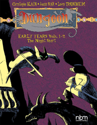 Dungeon: The early years: Volume 1: The Night Shirt -kirjan kannessa on piirros parvekkeelta taisteluun miekka ojossa hyppäävästä otuksesta, jota vastassa on lohikäärmeen niskassa seisova miekkasoturi.