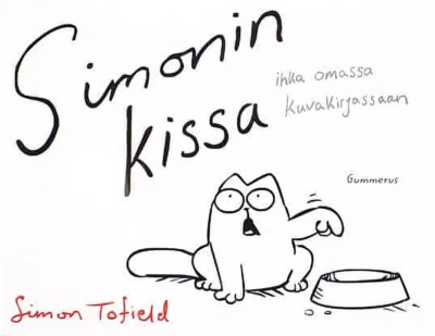 Simonin kissa -kirjan kannessa on mustavalkoinen viivapiirros kissasta, joka osoittaa sormellaan tyhjää ruokakuppiaan.