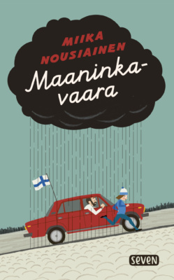 Maaninkavaara-kirjan kannessa on piirros ylämäkeen ajavasta autosta, jonka vierellä nuori nainen juoksee. Auton yläpuolella on sadepilvi, josta sataa vettä auton ja juoksijan päälle.