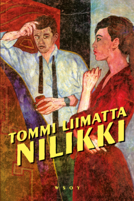 Nilikki-kirjan kannessa on maalaus miehestä ja naisesta. Mies nojailee seinään, hänellä on toisessa kädessä juoma ja hänen kravattinsa on avattu.