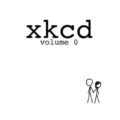 xkcd : volume 0 -kirjan kannessa on valkoisella taustalla kaksi pientä mustaa tikku-ukkohahmoa, jotka pitelevät toisiaan kädestä.