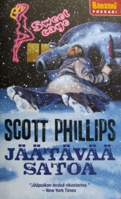 Jäätävää satoa -kirjan kannessa on maalaus pistoolia pitelevästä ihmisestä makaamassa maassa suojassa auton takana. Taustalla on strippiklubin valomainos, on yö ja sataa lunta.