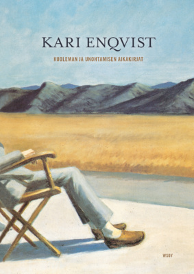 Kuoleman ja unohtamisen aikakirjat -kirjan kannessa on maalaus, jossa harmaaseen pukuun pukeutunut hahmo istuu tuolissa ulkona. Hahmosta näkyy vain alavartalo, ylävartalo on rajattu pois kuvasta. Taustalla on keltaista peltoa tai niittyä ja vuoria.