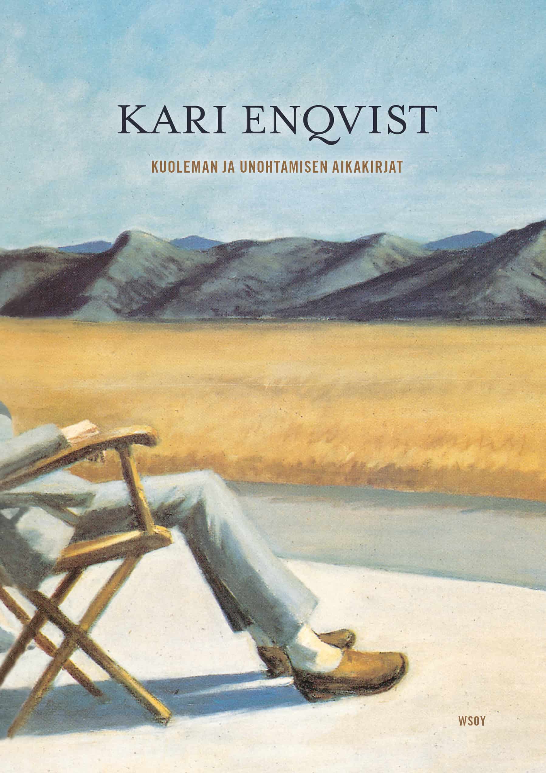 Kuoleman ja unohtamisen aikakirjat -kirjan kannessa on maalaus, jossa harmaaseen pukuun pukeutunut hahmo istuu tuolissa ulkona. Hahmosta näkyy vain alavartalo, ylävartalo on rajattu pois kuvasta. Taustalla on keltaista peltoa tai niittyä ja vuoria.