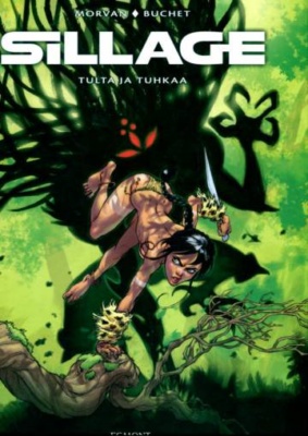 Sillage 1: Tulta ja tuhkaa -kirjan kannessa on piirros vähäpukeisesta Navis-naishahmosta.