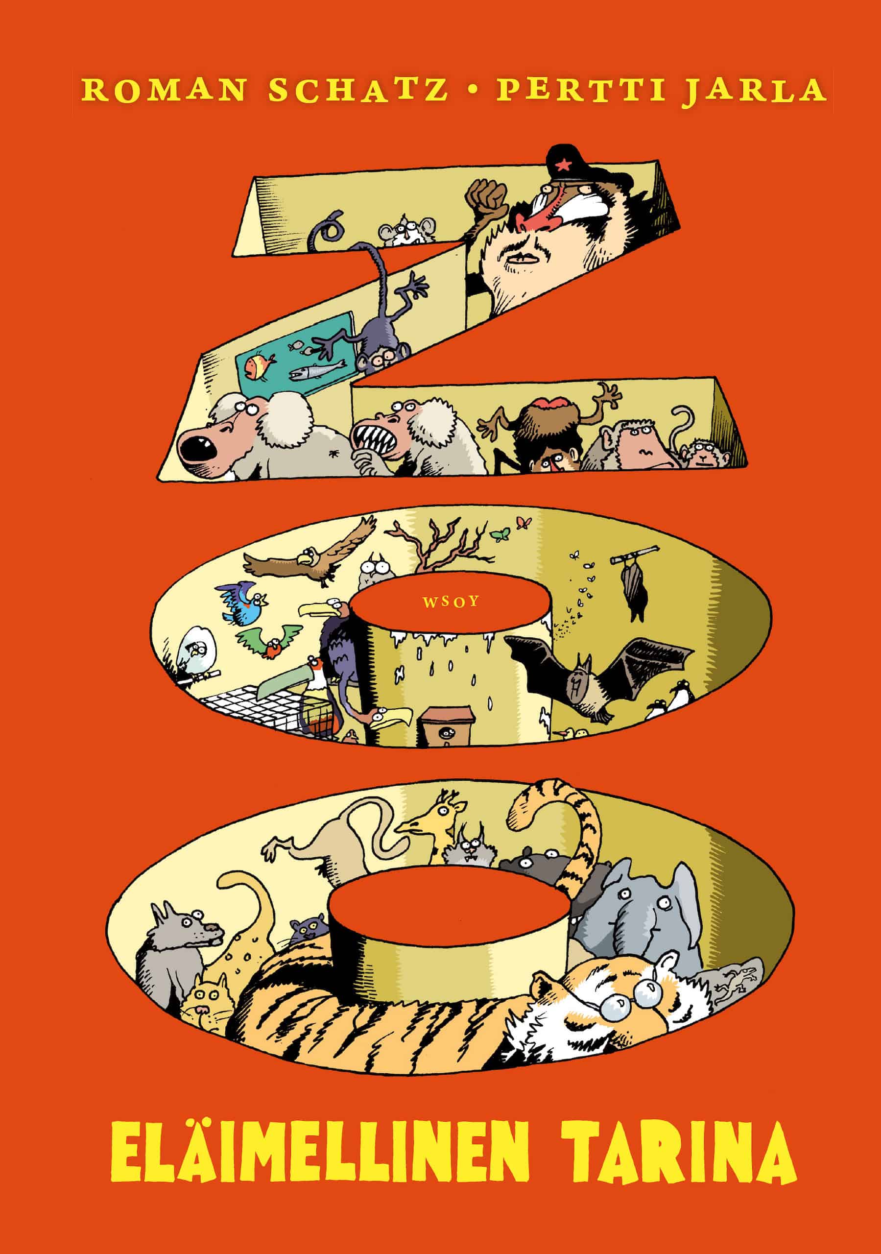 Zoo-kirjan kannessa on piirros, jossa Z, O ja O -kirjainten muotoisissa syvennyksissä on on erilaisia eläimiä.