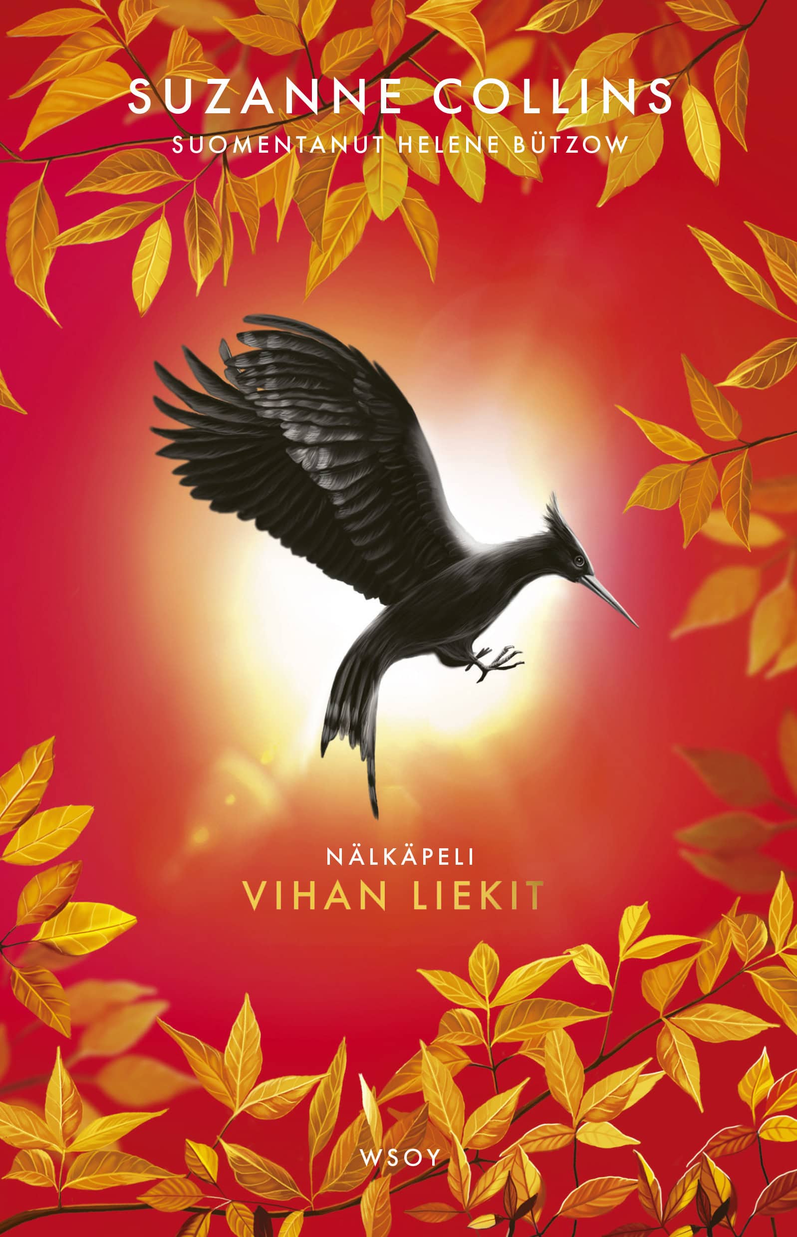 Vihan liekit -kirjan punaisen kannen keskellä on musta lintu lennossa. Reunoilla on keltaisia lehtiä.