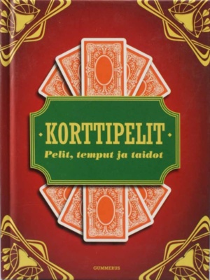 Korttipelit : Pelit, temput ja taidot -kirjan kannessa on pelikorttien taustoja aseteltuna.