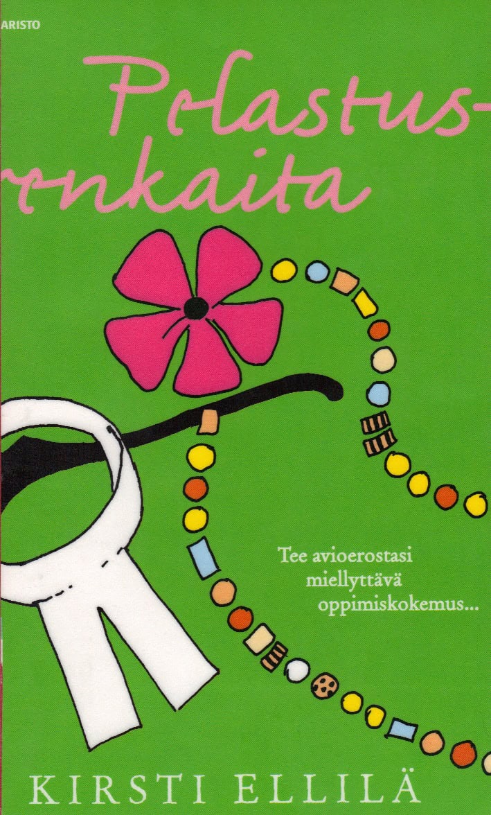 Pelastusrenkaita-kirjan piirroskannessa on vihreällä taustalla papinliperit ja kukkakaulakoru.