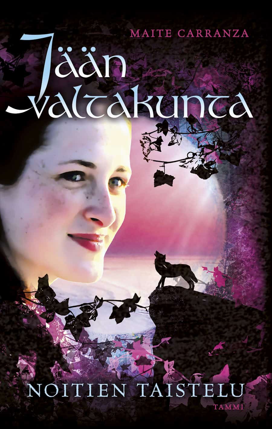 Jään valtakunta -kirjan kannessa on valokuva naisen kasvoista ja kallionkielekkeellä seisovan suden siluetti.