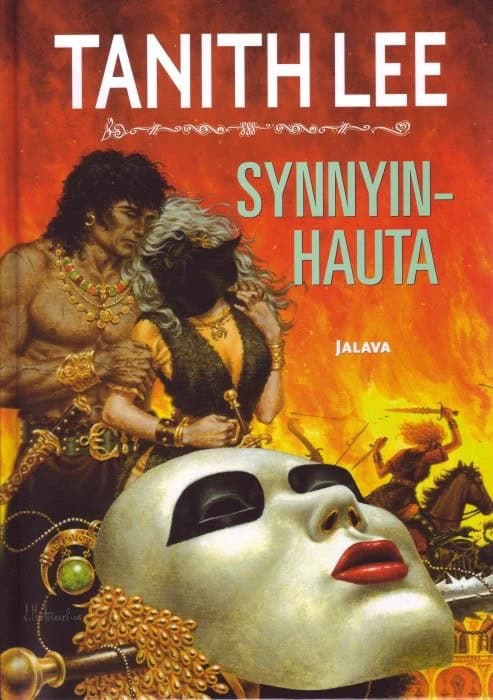 Synnyinhaudan kannessa on etualalla valkoinen naamio. Taustalla yläosaton barbaarimies pitelee naista, jonka kasvot ovat mustan peitossa.