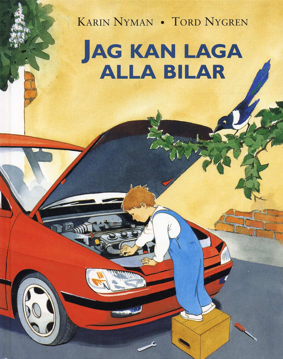Jag kan laga alla bilar -kirjan piirroskannessa haalareihin pukeutunut pieni poika korjaa punaisen henkilöauton moottoria.