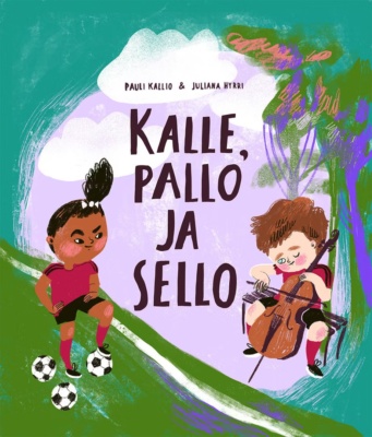 Kalle, pallo ja sello -kirjan kannessa on kaksi jalkapalloasuihin pukeutunutta lasta. Tyttö seisoo kentällä kolmen jalkapallon kanssa, poika istuu kentän vierellä penkillä soittamassa selloa.