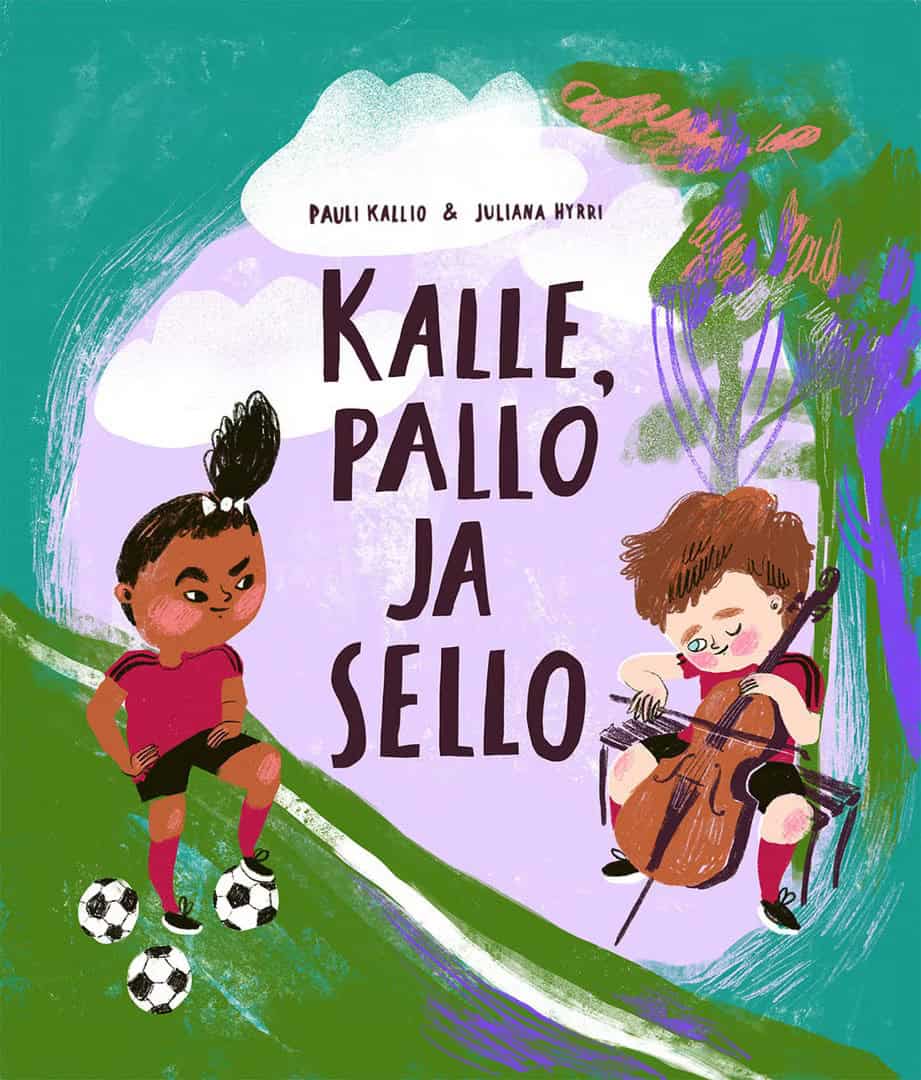 Kalle, pallo ja sello -kirjan kannessa on kaksi jalkapalloasuihin pukeutunutta lasta. Tyttö seisoo kentällä kolmen jalkapallon kanssa, poika istuu kentän vierellä penkillä soittamassa selloa.