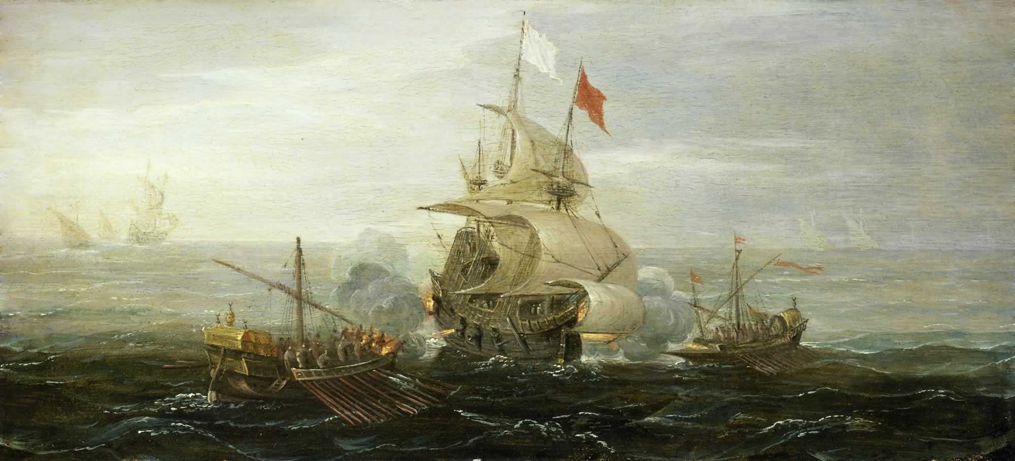 Ranskalaislaiva taistelemassa barbareskilaivoja vastaan