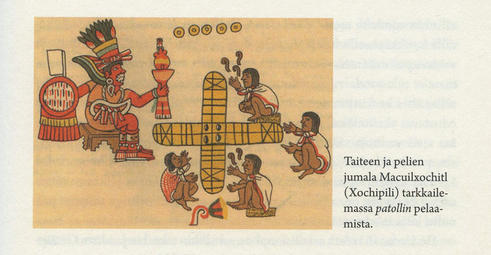 Taiteen ja pelien jumala Macuilxochitl (Xochipili) tarkkailemassa patollin pelaamista (kirjan kuvitusta).