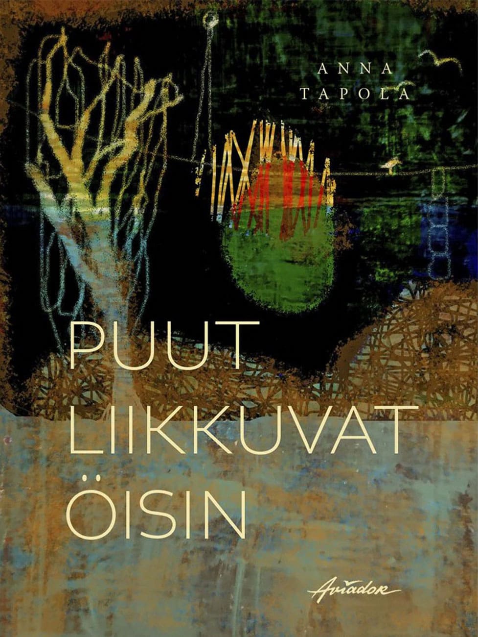 Puut liikkuvat öisin -kirjan kannessa on piirros, jossa on öinen puu ja metsää ja lintuja, hyvin yksinkertaisella ja karulla tyylillä piirrettynä.