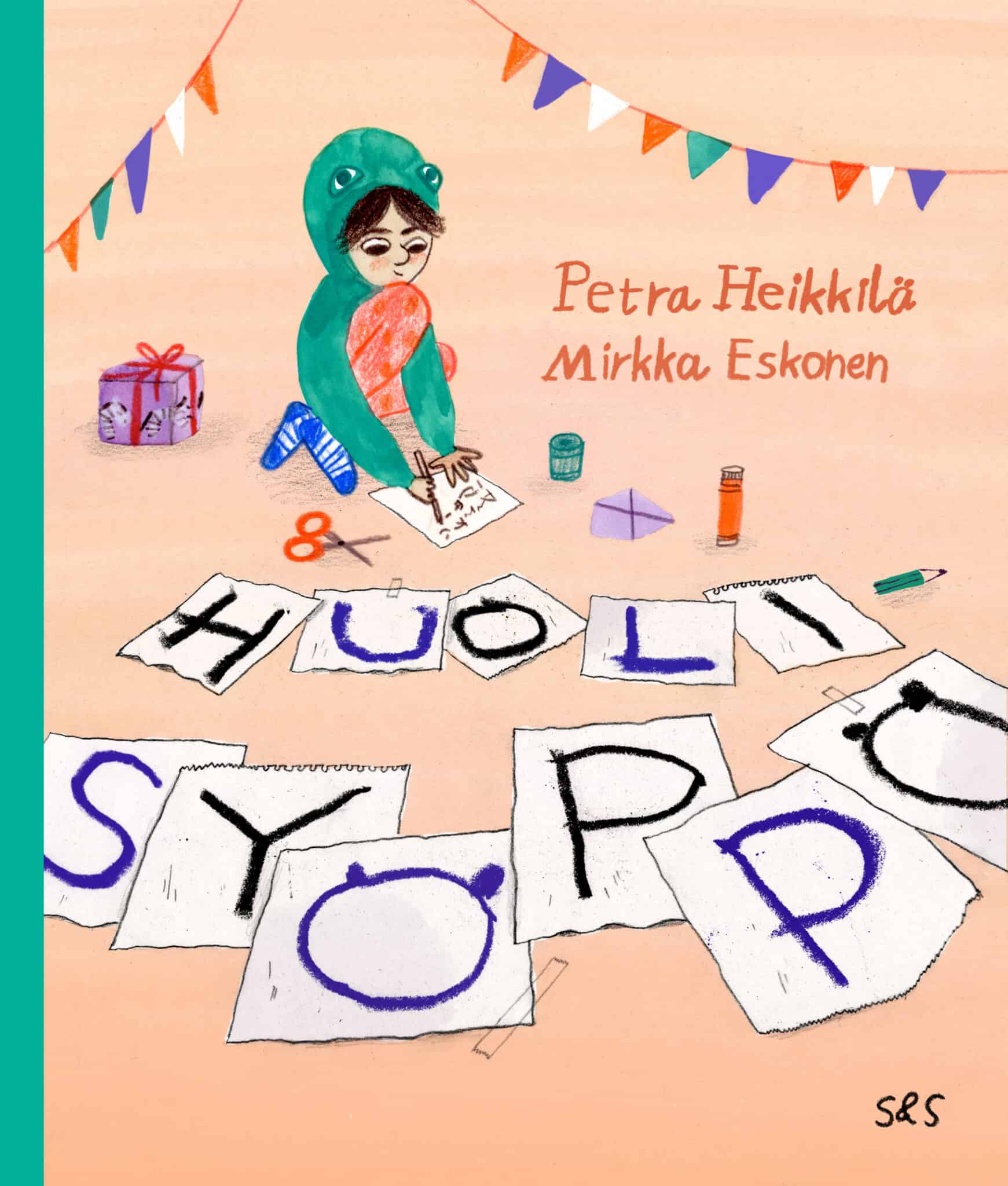 Huolisyöppö-kirjan kannessa lapsi piirtelee paperille. Etualalla on irrallisia paperiarkkeja, joihin on kirjoitettu kirjan nimi kokonaisen paperiarkin kokoisin kirjaimin.