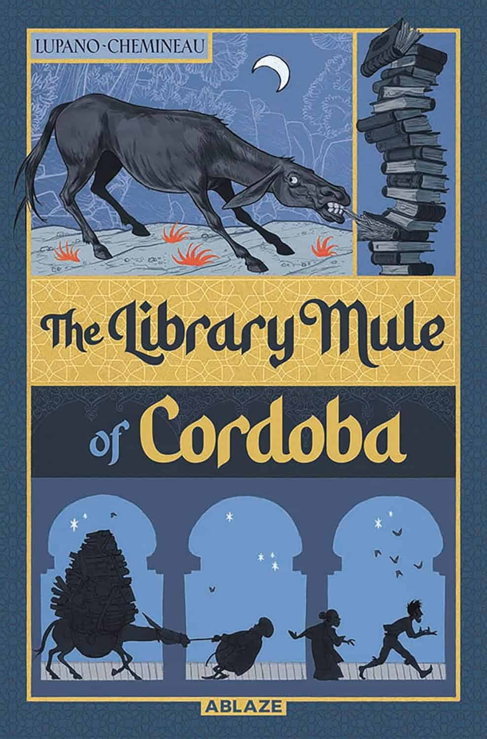 The Library Mule of Cordoba -kirjan kannessa on kuvat muulista, kirjapinosta ja kolmesta hahmosta kiskomassa isolla kuormalla lastattua muulia yön pimeydessä.