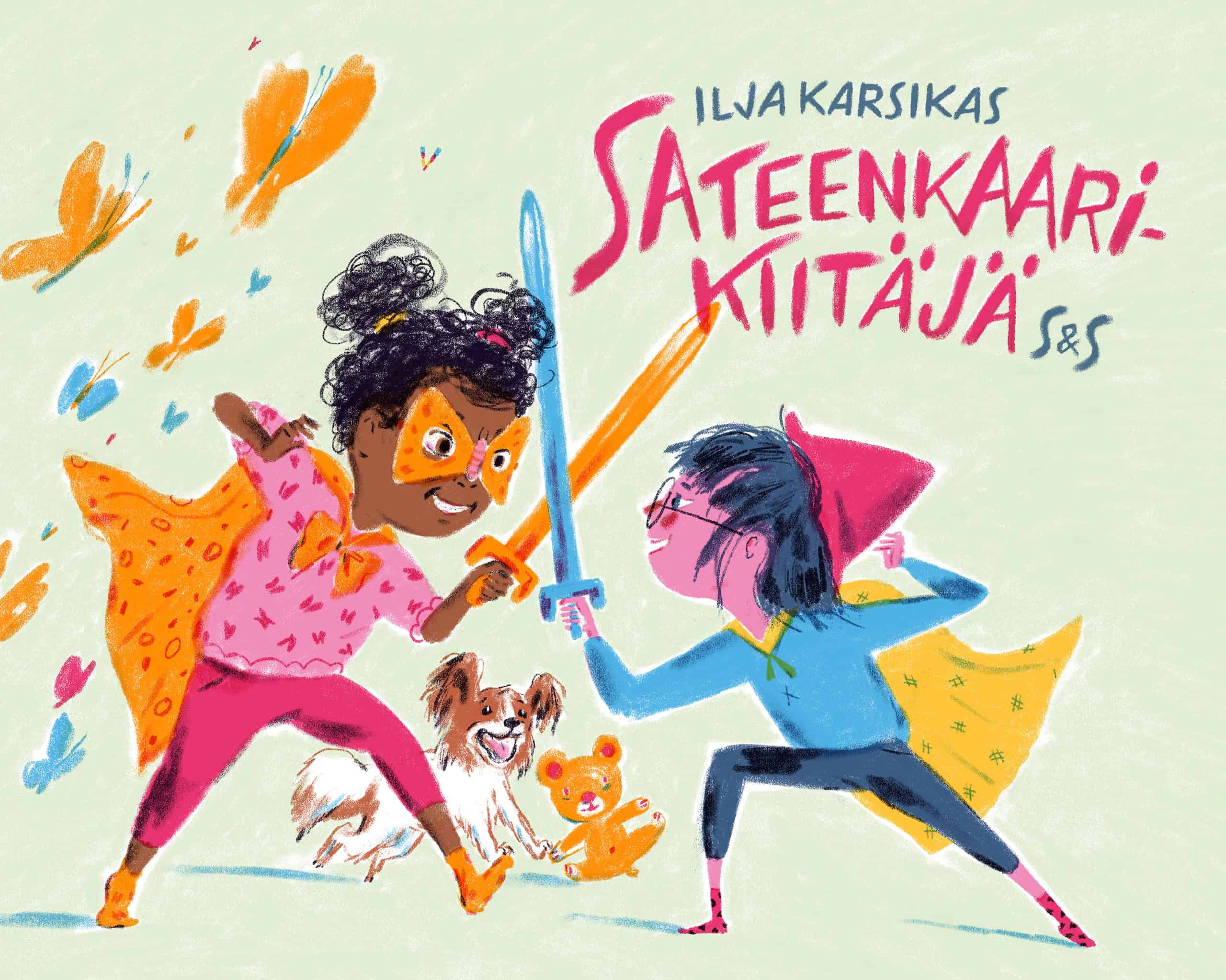 Sateenkaarikiitäjä-kirjan kannessa on piirroskuva kahdesta miekkailevasta lapsesta viitoissa, naamioissa ja hatuissa.