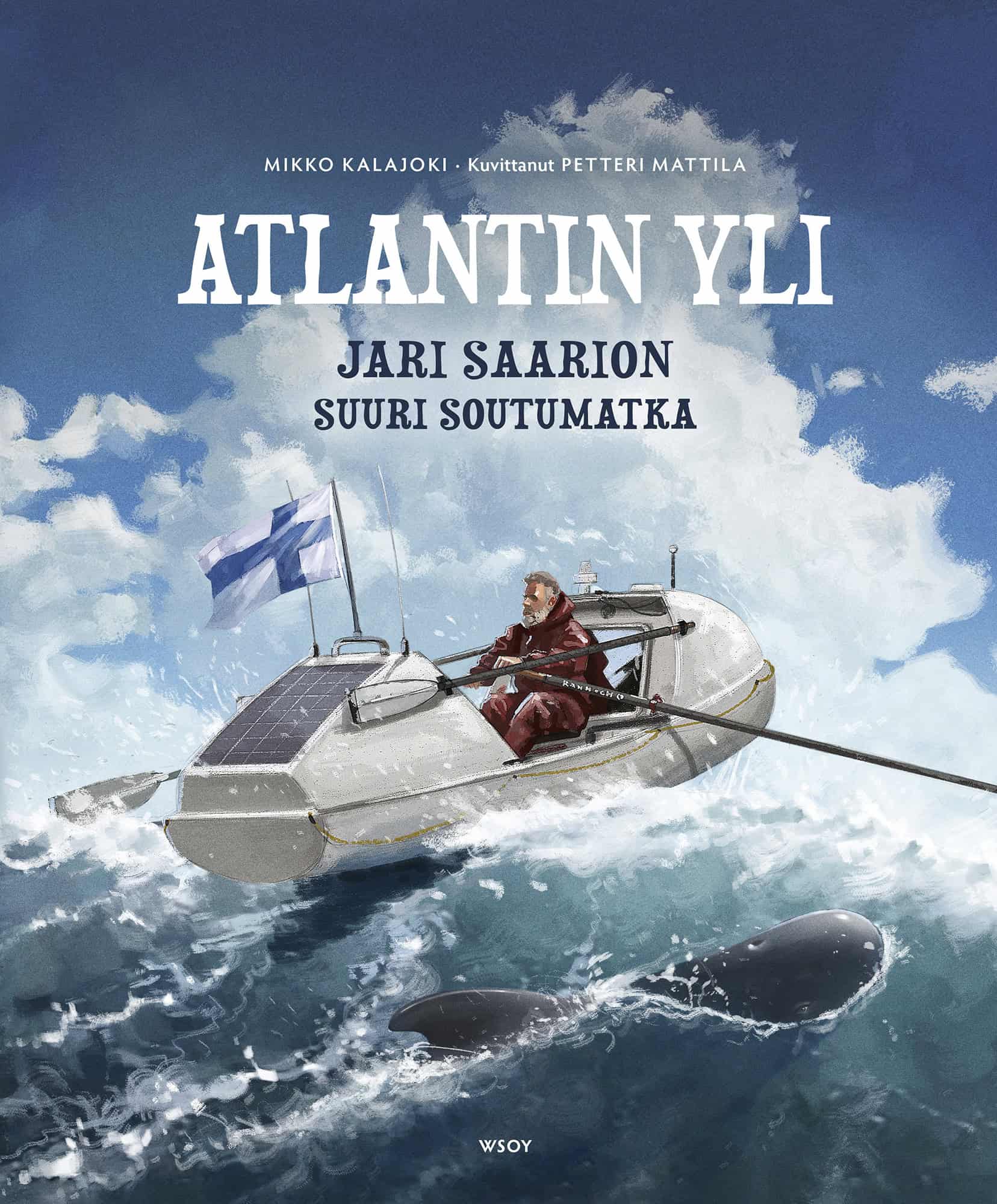 Atlantin yli -kirjan kannessa on piirros Jari Saariosta soutamassa merellä.
