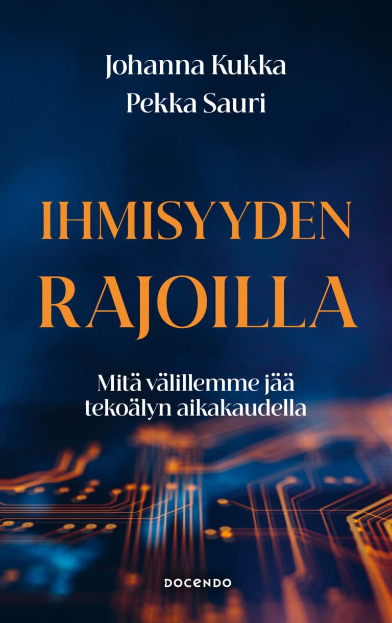 Ihmisyyden rajoilla -kirjan kannen alareunassa on abstraktia piirilevykuviointia.