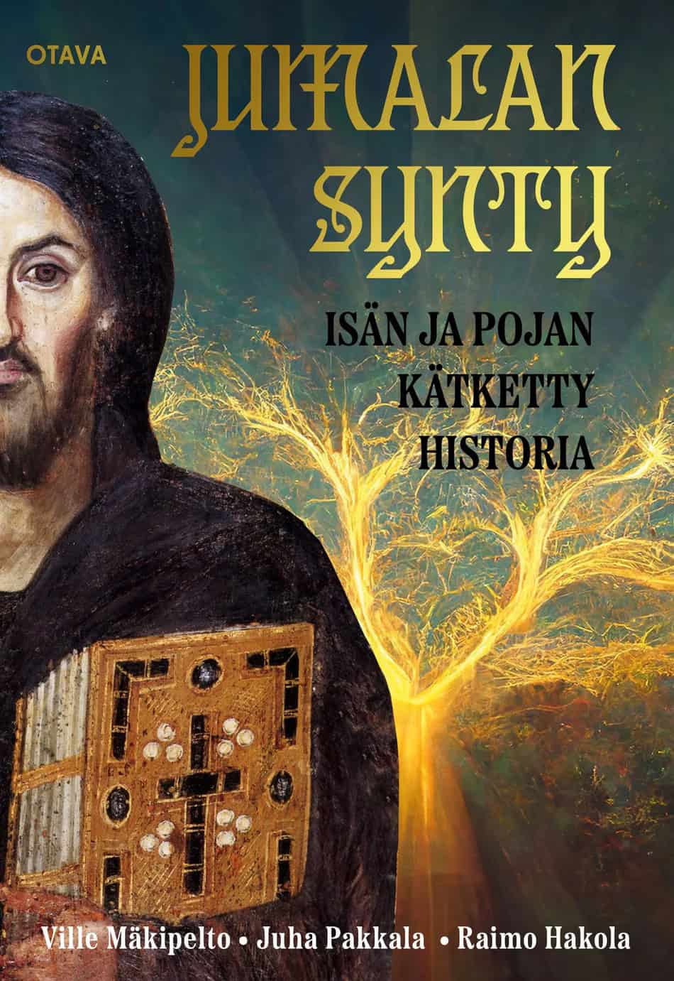 Jumalan synty -kirjan kannessa on ikonista napattu kuva miehestä kädessään iso ristikantinen kirja. Taustalla on puumainen valokuvio.
