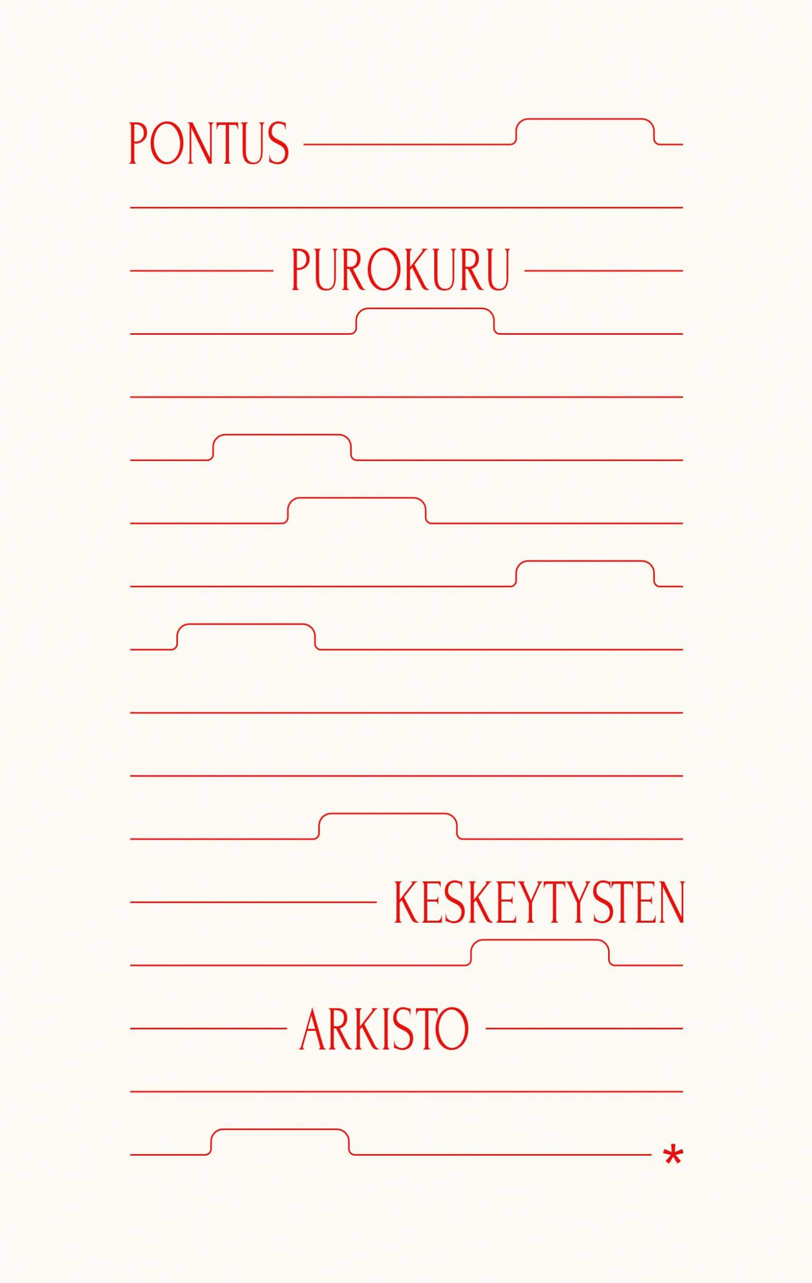 Keskeytysten arkiston kannessa on kermanvaalealla taustalla punaisia vaakasuoria viivoja, joissa on ulokkeita; ikäänkuin arkistokortteja, joiden välissä on välilehtiä.