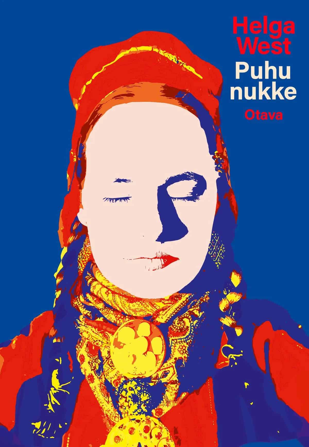 Puhu nukke -kirjan kannessa on olkapäistä ylöspäin rajattu posterisoitu valokuva saamelaisnaisesta. Naisella on saamelaisvaatteet ja silmät kiinni.