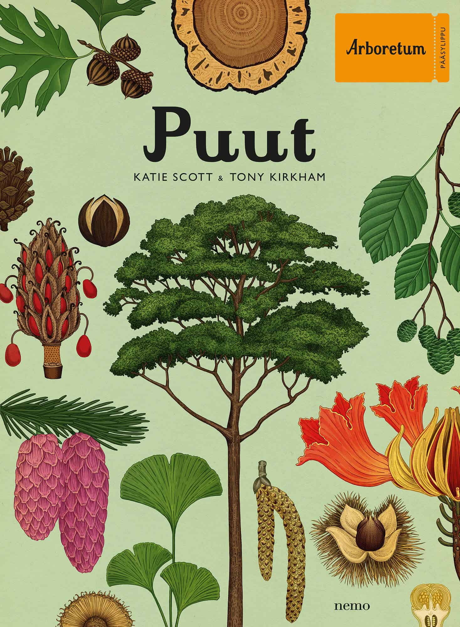 Puut-kirjan kannessa on piirros isosta havupuusta ja sen ympärillä paljon erilaisia puiden lehtiä, kukkia, käpyjä, hedelmiä ja siemeniä.