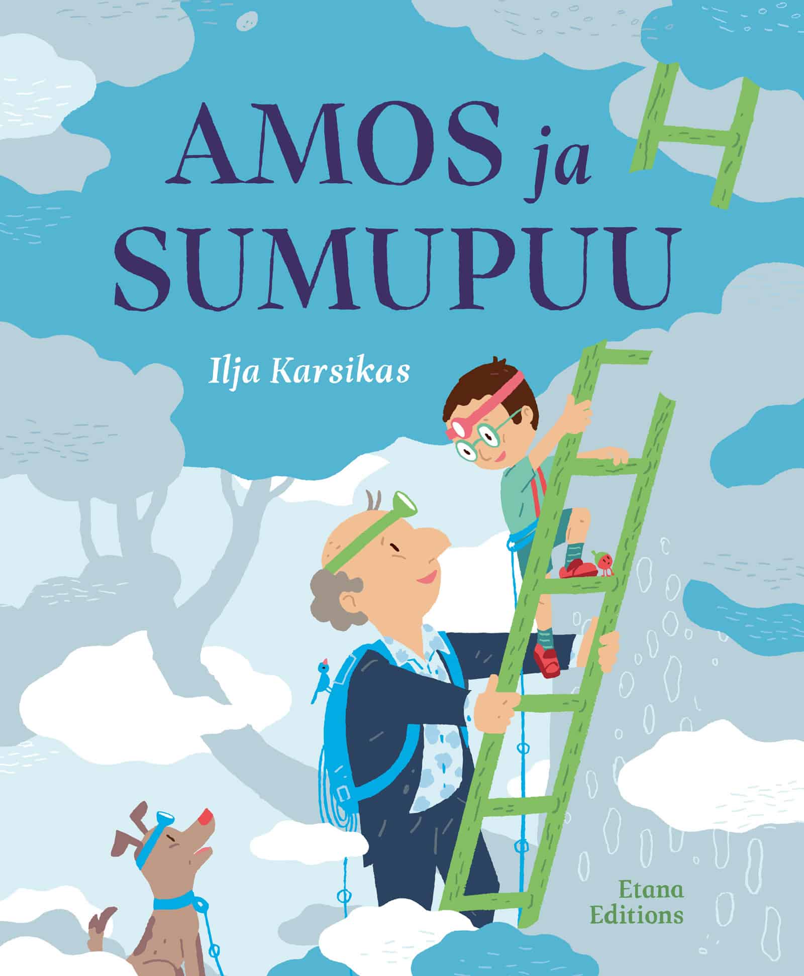 Amos ja sumupuu -kirjan kannessa Amos ja isoisä kiipeävät tikapuita putkin sumusta rakentuvaan puuhun, varustautuneena otsalampuin ja köysin.