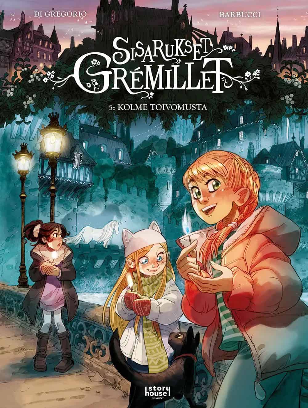 Kolme toivomusta -kirjan kannessa Grémillet'n sisarukset ovat Yurei-kissan kanssa seisomassa sillalla iltavalaistussa kaupungissa. Jokaisella on kädessään sytytetty tulitikku.