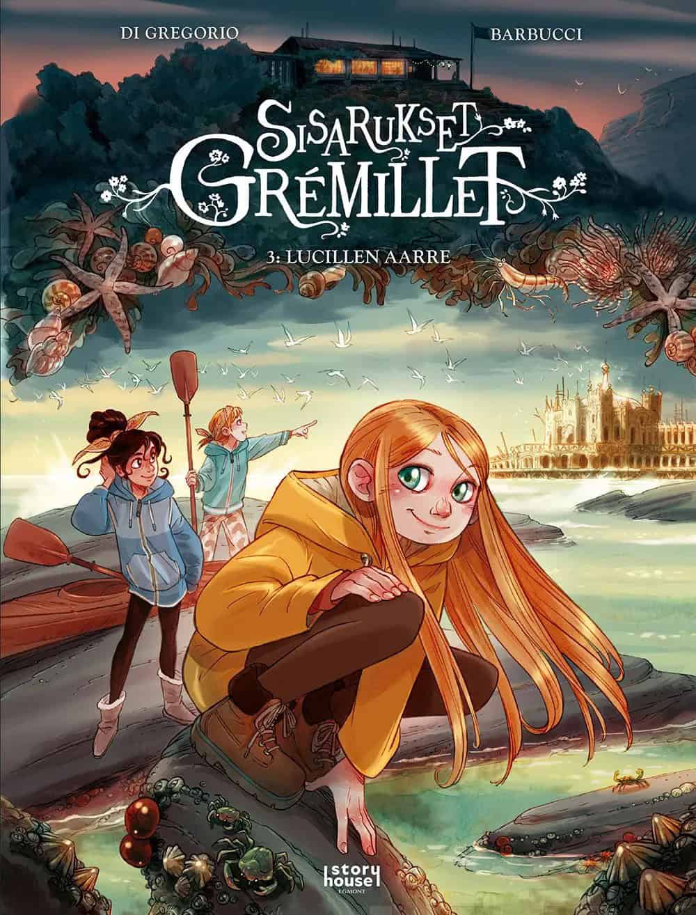 Lucillen aarre -kirjan kannessa ovat Grémillet'n sisarukset, etulalla punatukkainen Lucille. Siskokset ovat rantakallioilla kajakin kanssa ja katselevat lahden toisella rannalla olevaa vanhaa hotellia.