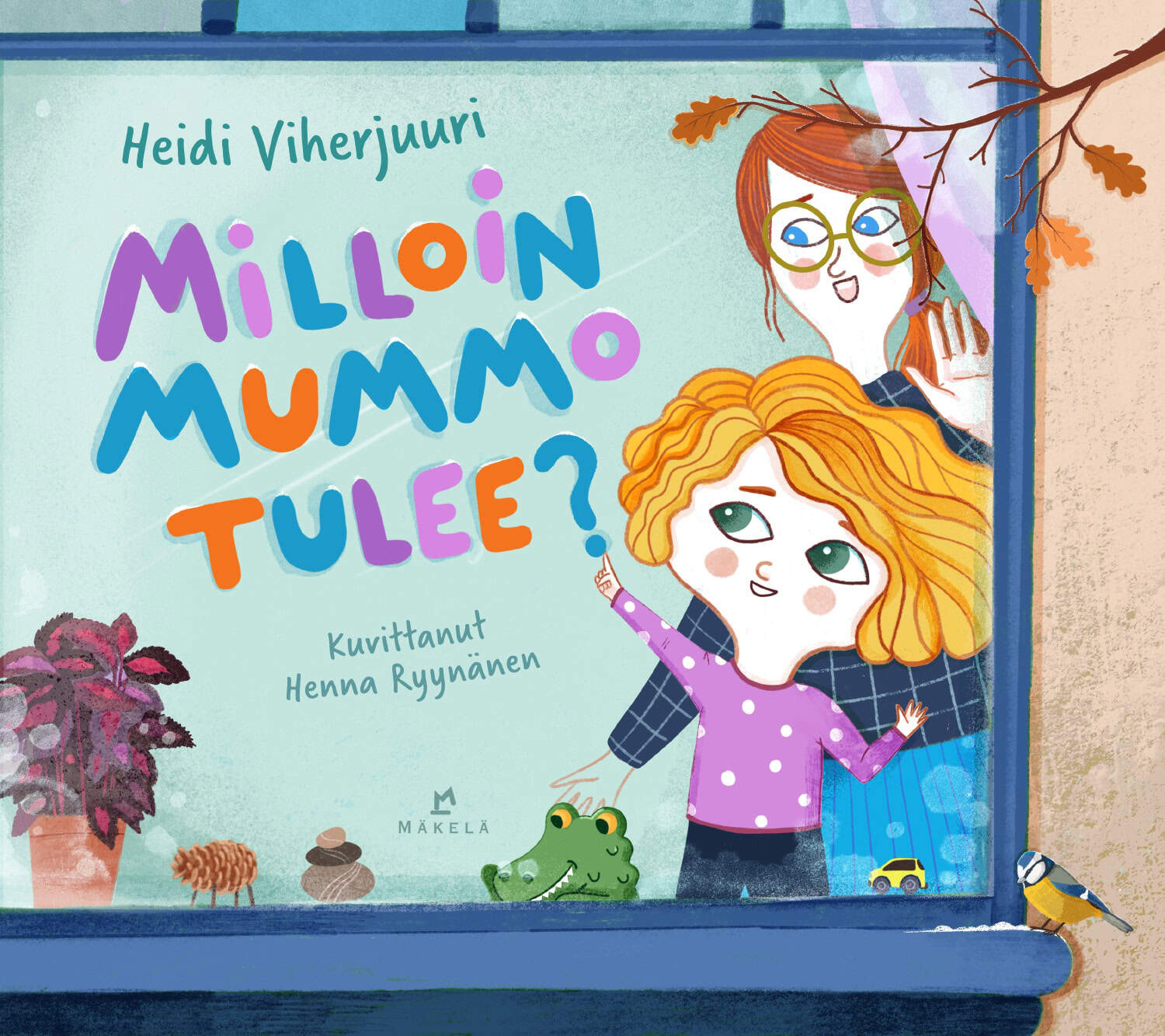 Milloin mummo tulee? -kirjan kannessa on iso ikkuna, jossa ovat äiti ja lapsi. Molemmat katsovat kohti ikkunassa olevaa kirjan nimeä, jota lapsi osoittaa sormella. Ikkunan edessä on syksyinen tammen oksa ja ikkunalaudalla on ulkona talitiainen. Sisällä ikkunalla on huonekasvi, käpylehmä, pikkuauto, kivipino ja krokotiilipehmolelu.