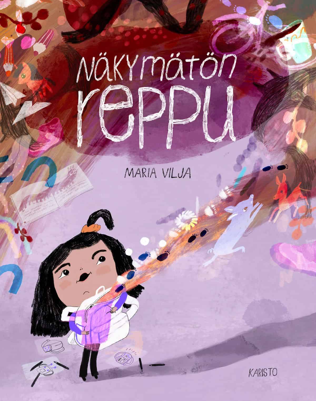 Näkymätön reppu -kirjan kannessa on kuva tytöstä, jonka näkymättömästä repusta pursuaa hurjana pyörteenä kaikenlaisia asioita.