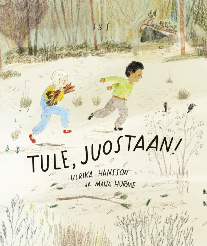 Tule, juostaan -kirjan kannessa on kaksi juoksevaa poikaa. Toisella on sylissään kasa keppejä.