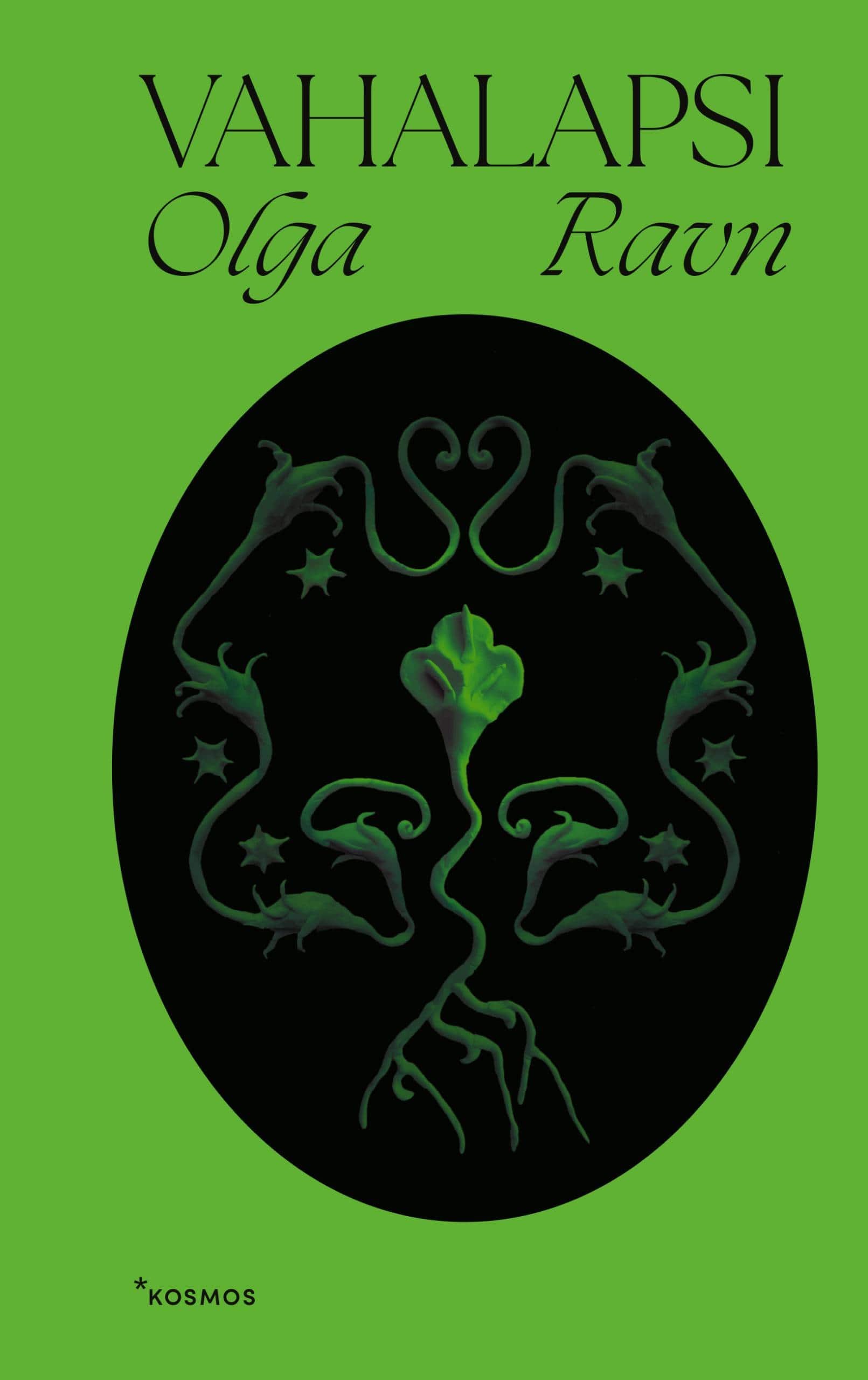 Vahalapsi-kirjan vihreässä kannessa on musta soikio, jonka sisällä on vahasta tehtyjä kasvimaisia kuvioita.