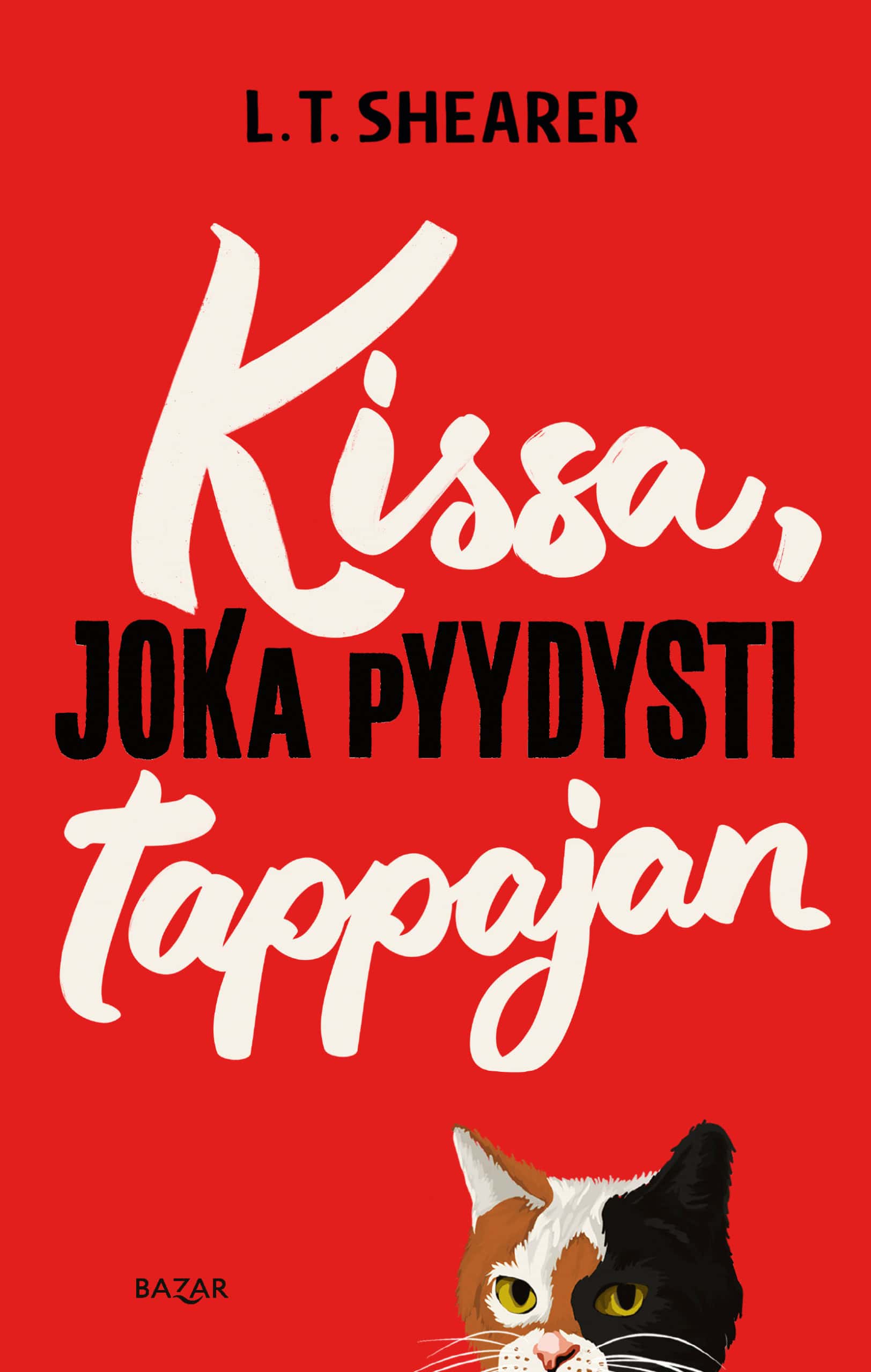 Kissa, joka pyydysti tappajan -kirjan punaisessa kannessa alareunasta pilkistää kilpikonnavärisen kissan pää. Muuten kannessa on vain kirjan ja kirjoittaja nimet.