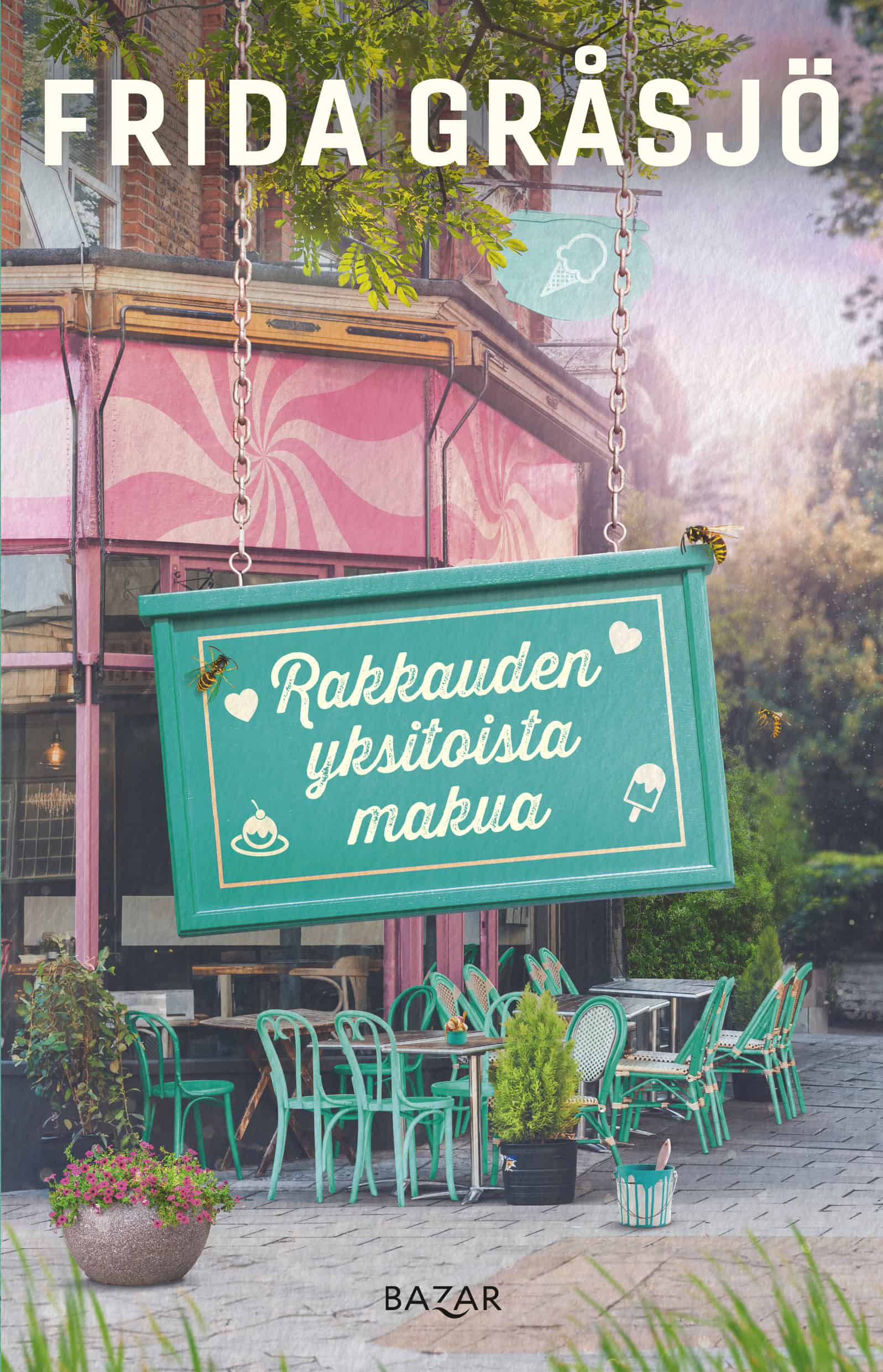 Rakkauden yksitoista makua -kirjan kannessa on vaaleanpunainen jäätelökioski, jonka edessä on turkooseja tuoleja. Kahvilan edessä roikkuu turkoosi kyltti, jossa lukee kirjan nimi.